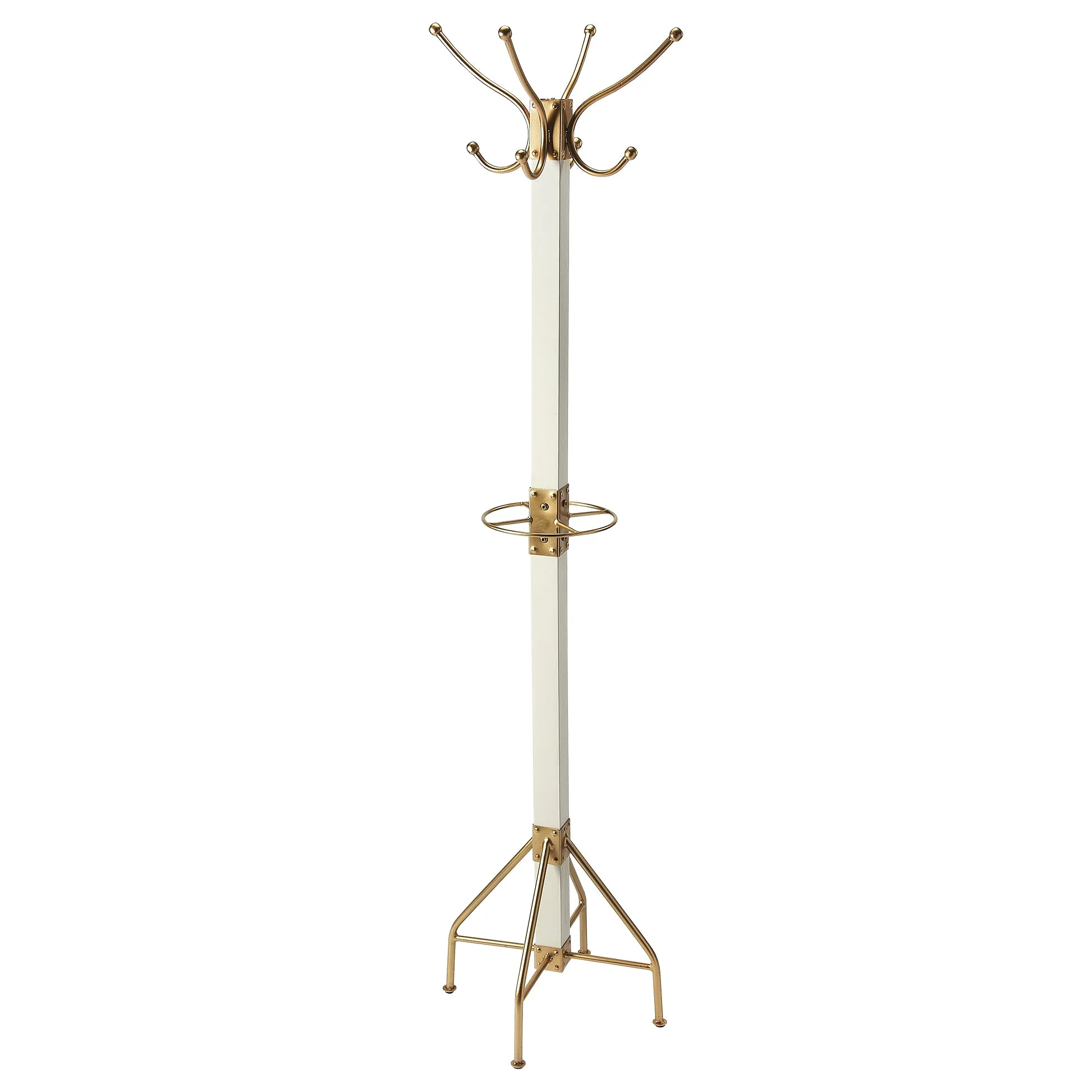 White Wood Gold Brass Standing Coat and Hat Rack