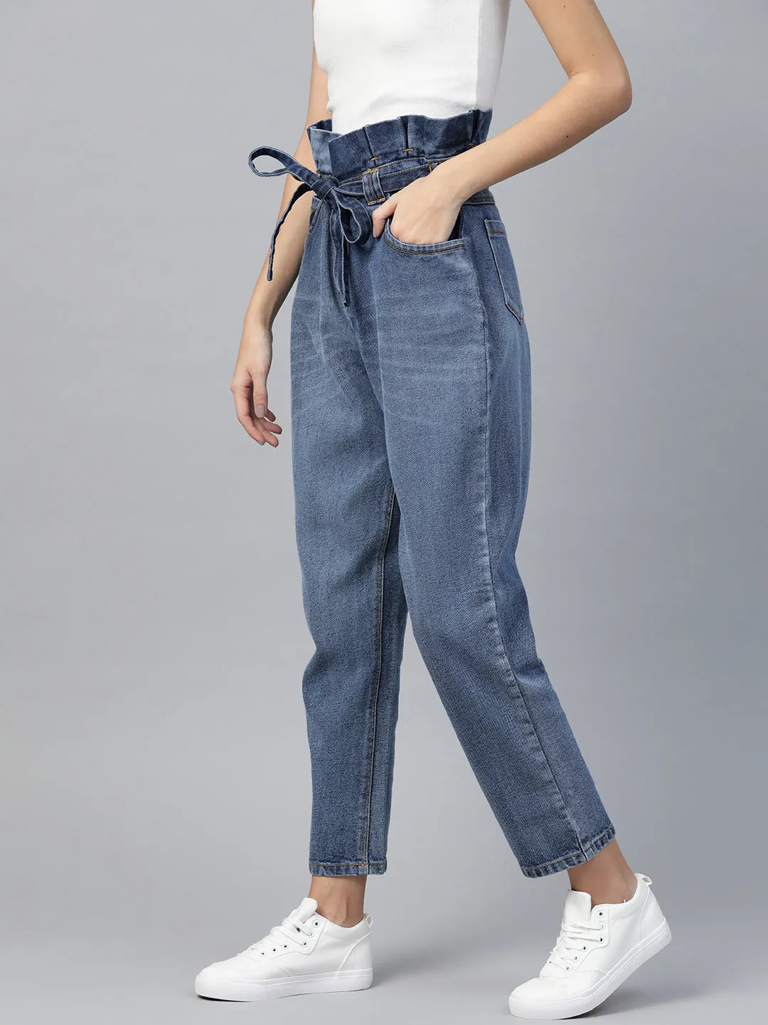 Women Blue Paper Bag Waist Jeans