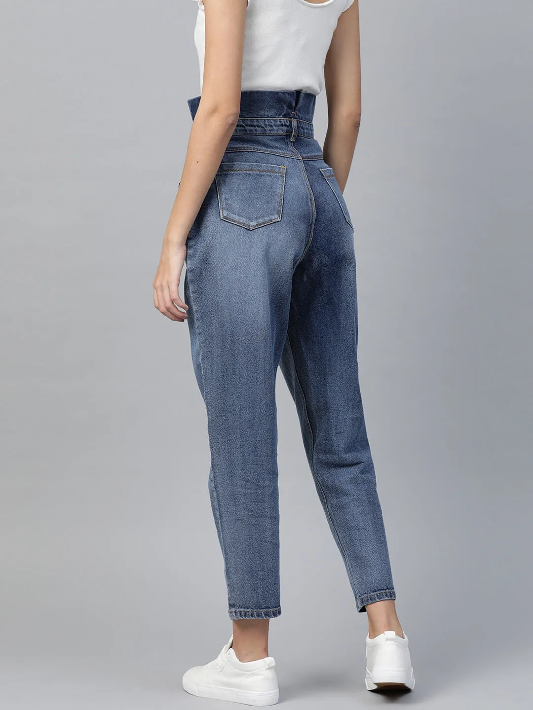 Women Blue Paper Bag Waist Jeans