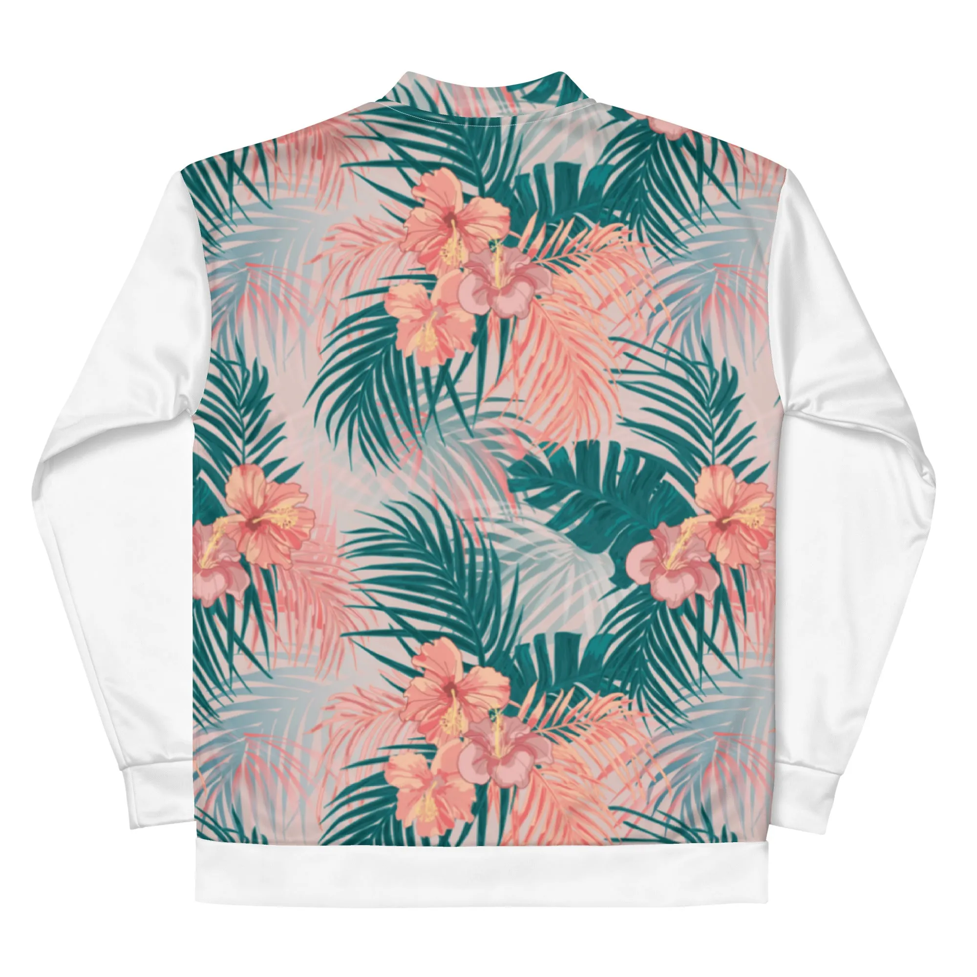 Women Bomber Jacket With Pockets Zipper Premium Quality Tropical Hibiscus Palm Leaves Design by IOBI Original Apparel