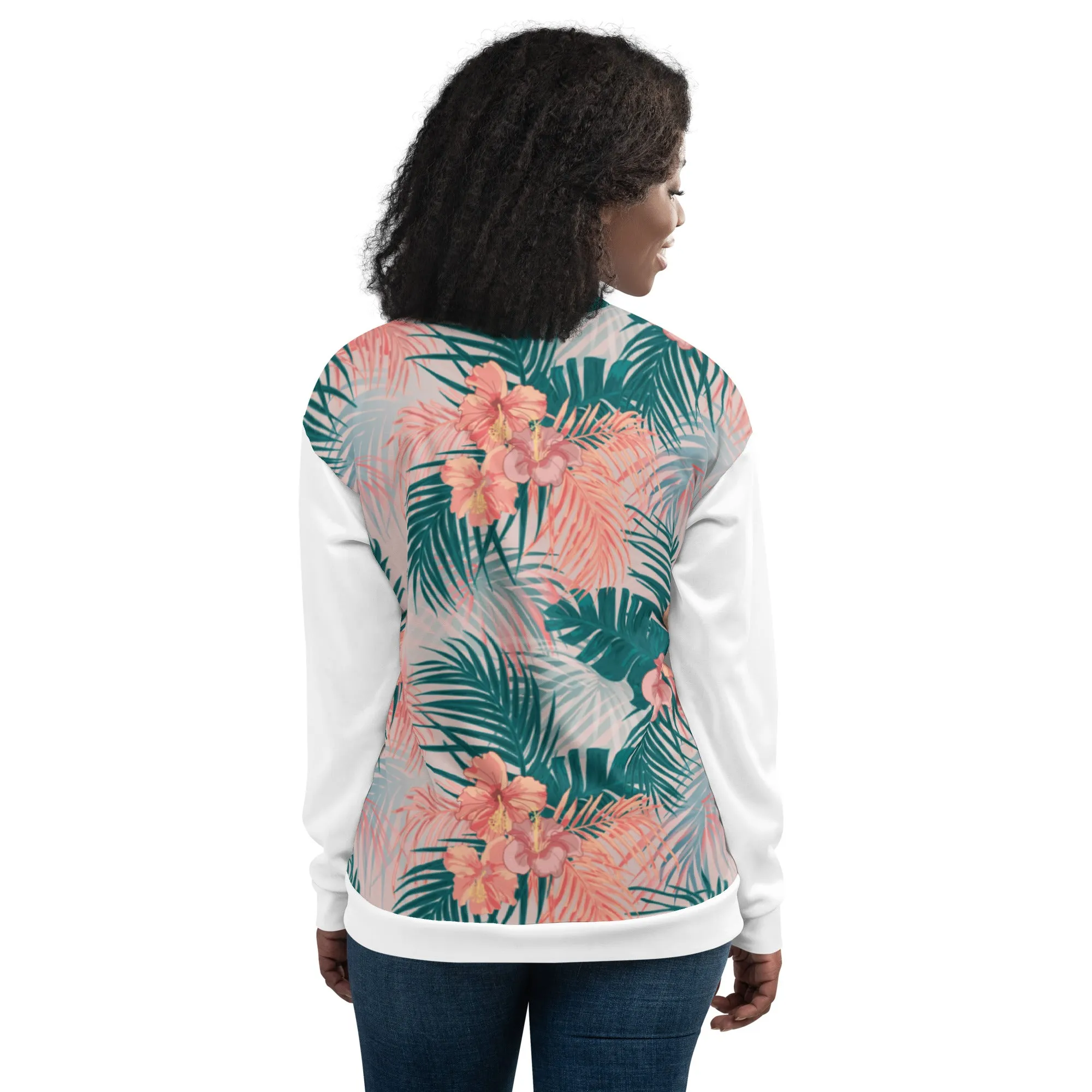 Women Bomber Jacket With Pockets Zipper Premium Quality Tropical Hibiscus Palm Leaves Design by IOBI Original Apparel