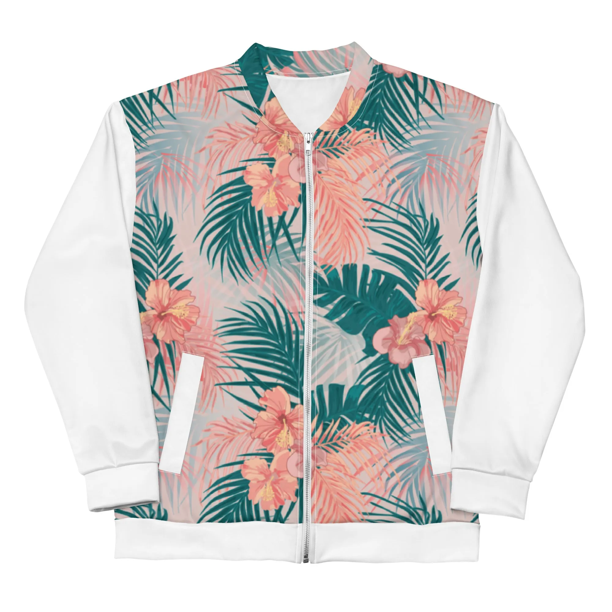 Women Bomber Jacket With Pockets Zipper Premium Quality Tropical Hibiscus Palm Leaves Design by IOBI Original Apparel