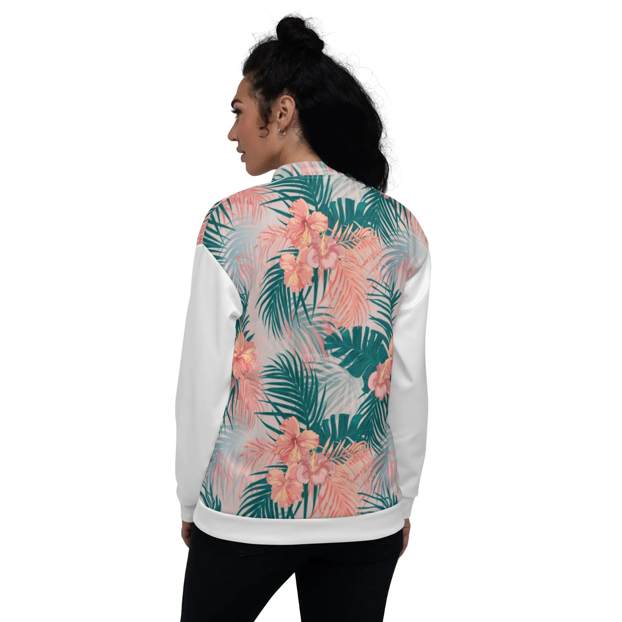 Women Bomber Jacket With Pockets Zipper Premium Quality Tropical Hibiscus Palm Leaves Design by IOBI Original Apparel