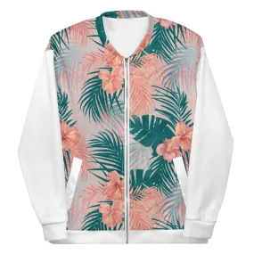 Women Bomber Jacket With Pockets Zipper Premium Quality Tropical Hibiscus Palm Leaves Design by IOBI Original Apparel