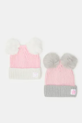 Women Pink And Grey Embellished Knitted Caps (Pack of 3)