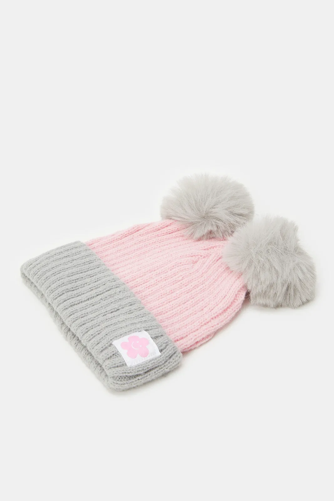 Women Pink And Grey Embellished Knitted Caps (Pack of 3)